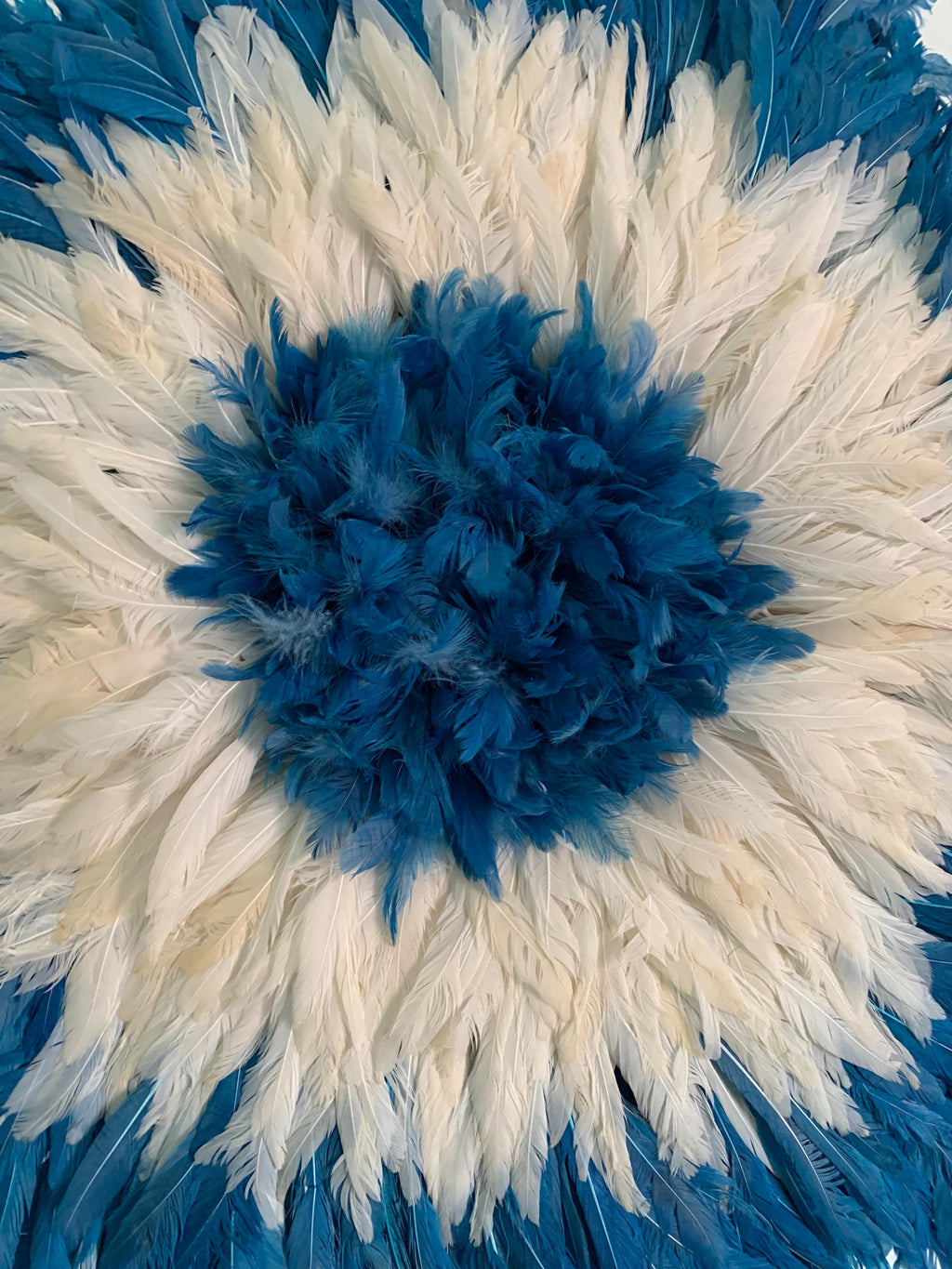 Royal Blue\White\Cream juju hat| African home wall decor| bedroom hangings| Boho living room style| juju art| Bamileke feather hat| Wreath