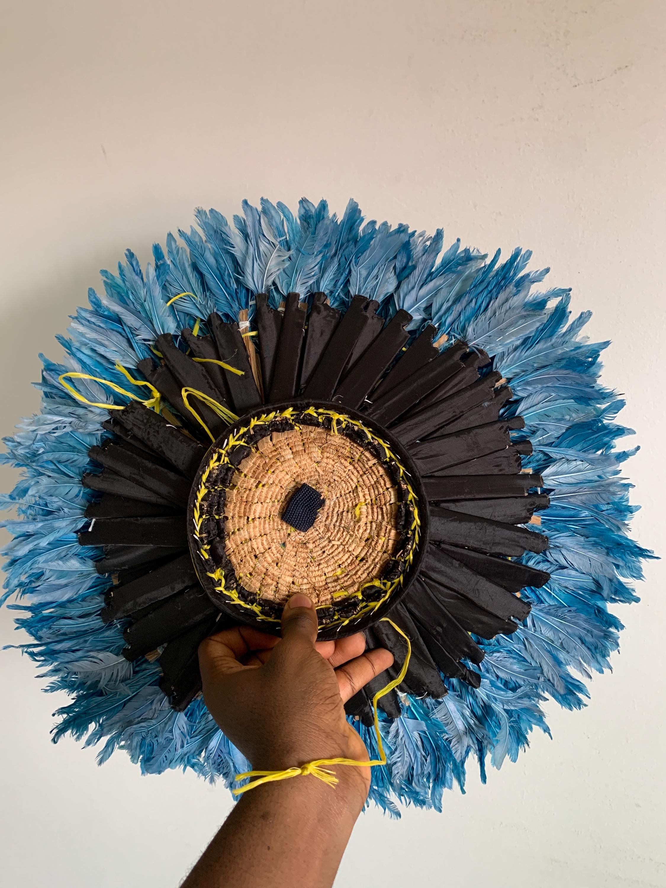 Royal Blue\White\Cream juju hat| African home wall decor| bedroom hangings| Boho living room style| juju art| Bamileke feather hat| Wreath