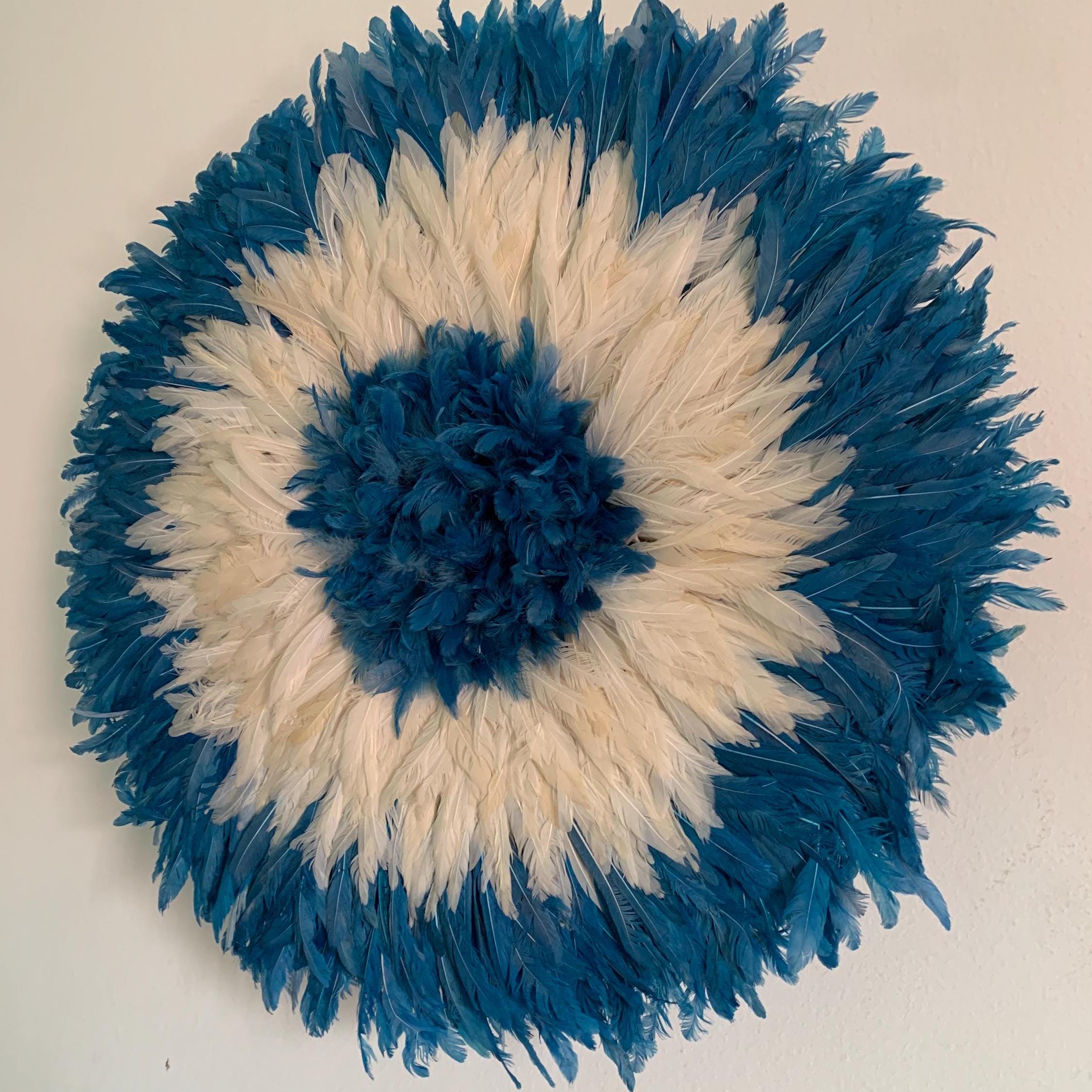 Royal Blue\White\Cream juju hat| African home wall decor| bedroom hangings| Boho living room style| juju art| Bamileke feather hat| Wreath