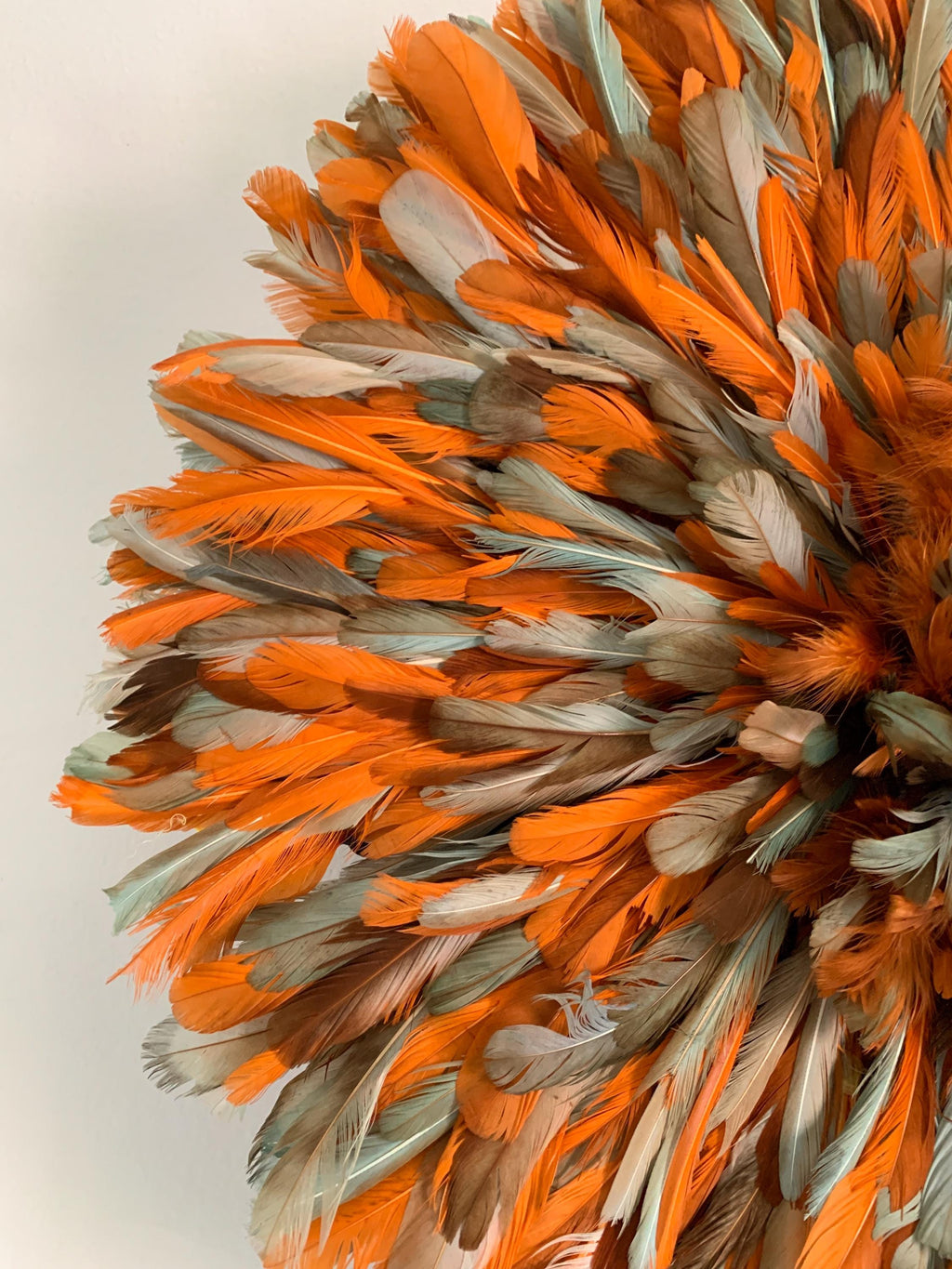Orange Petrol Green juju hat| African home wall decor| bedroom hangings| Boho living room style| juju art| Bamileke feather mandala| Wreath