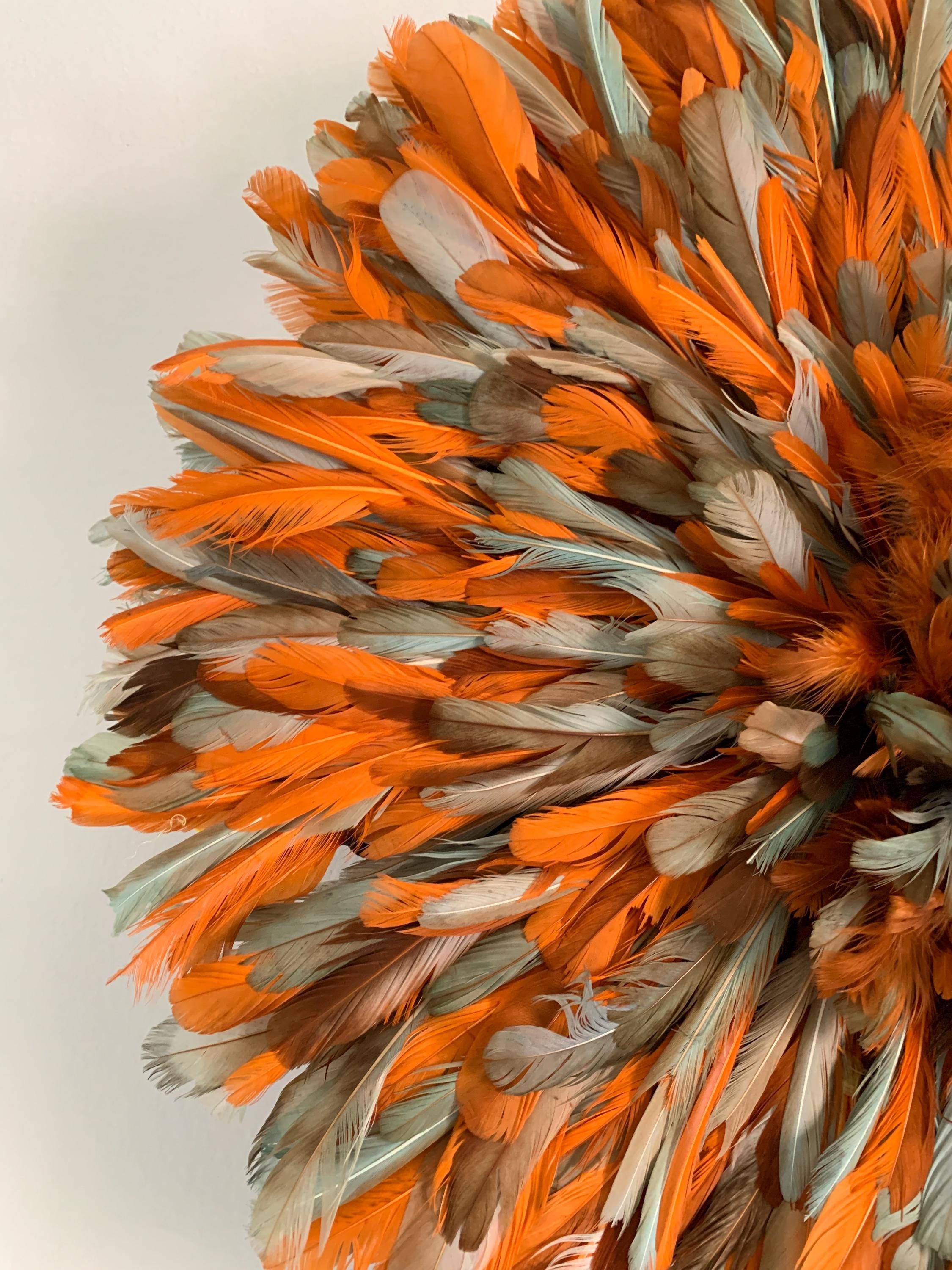Orange Petrol Green juju hat| African home wall decor| bedroom hangings| Boho living room style| juju art| Bamileke feather mandala| Wreath