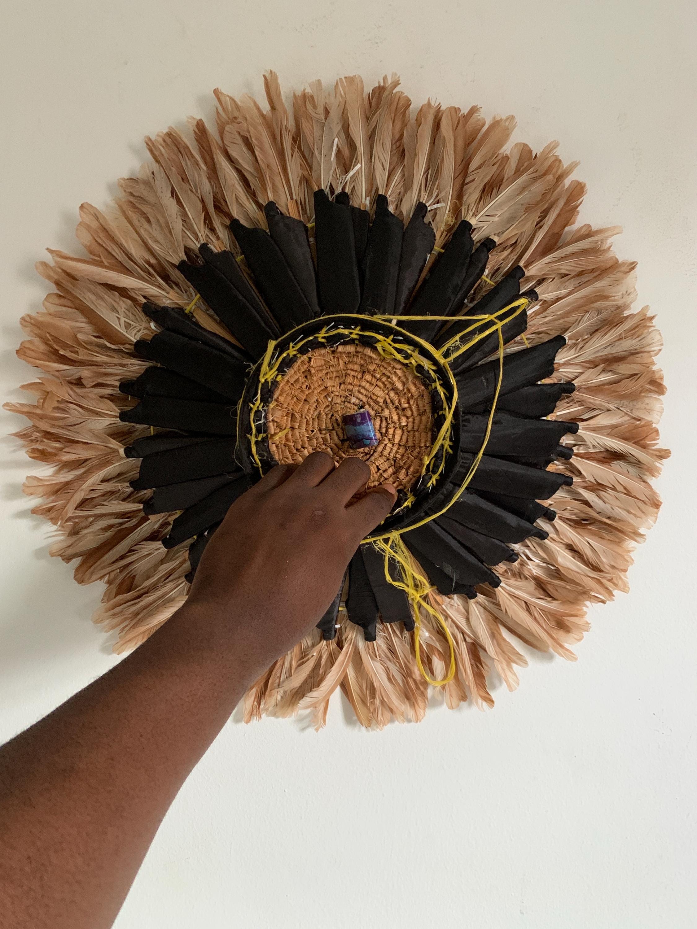 Juju hat Petrol Green Tan for wall hangings and decor| Bamileke Handmade African juju Art| home decor| Afrohemian| Wreath| Feather Mandala