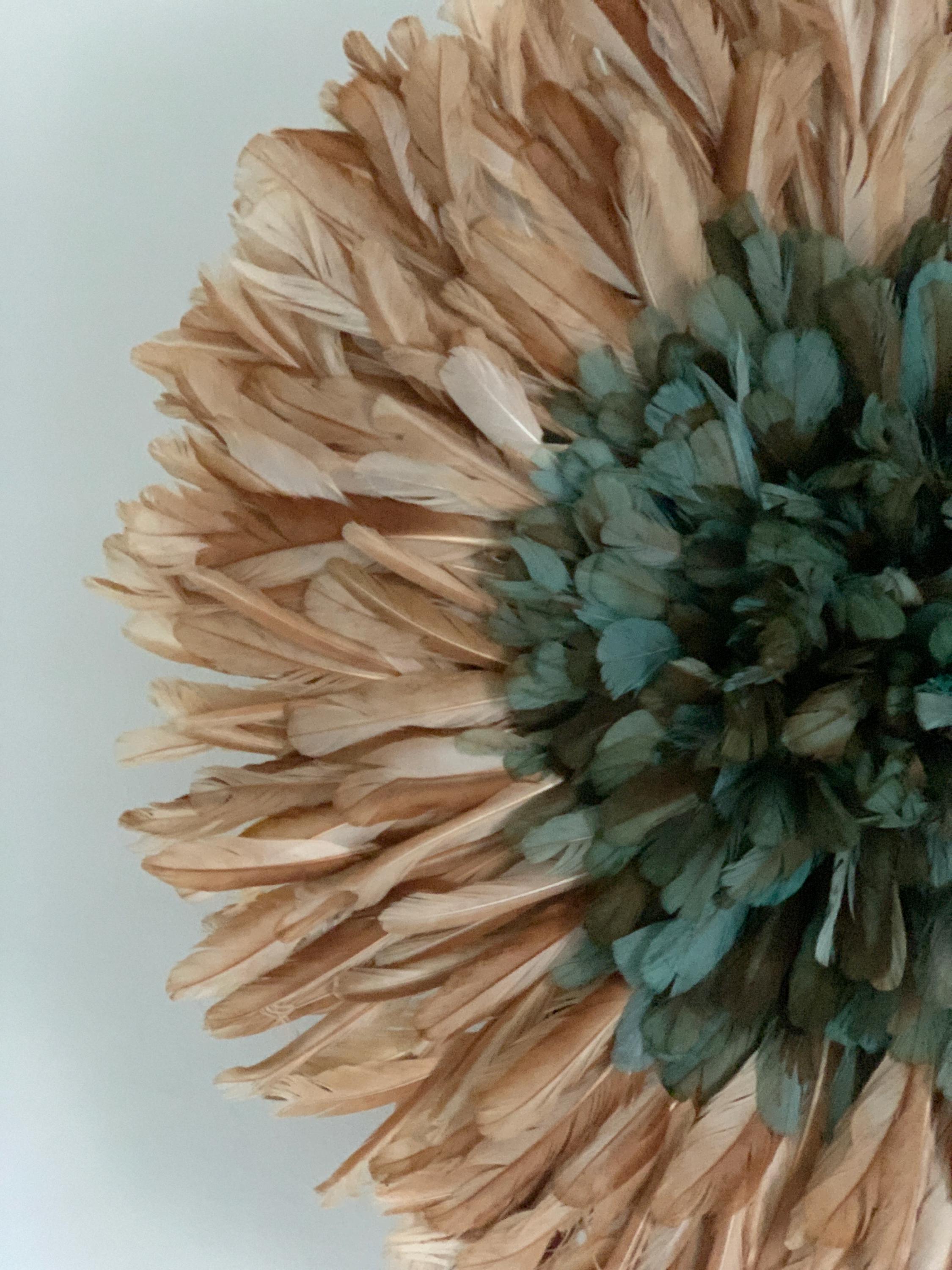 Juju hat Petrol Green Tan for wall hangings and decor| Bamileke Handmade African juju Art| home decor| Afrohemian| Wreath| Feather Mandala