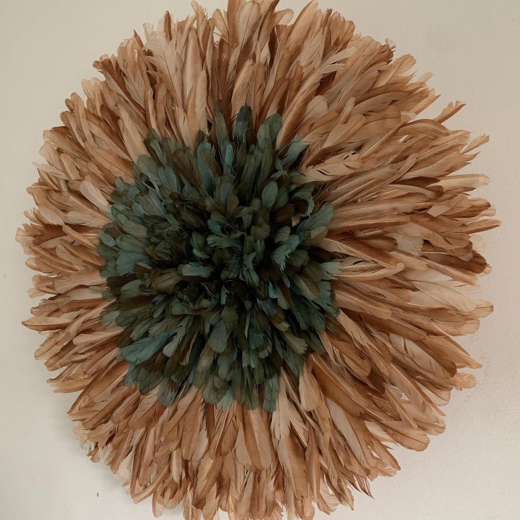 Juju hat Petrol Green Tan for wall hangings and decor| Bamileke Handmade African juju Art| home decor| Afrohemian| Wreath| Feather Mandala