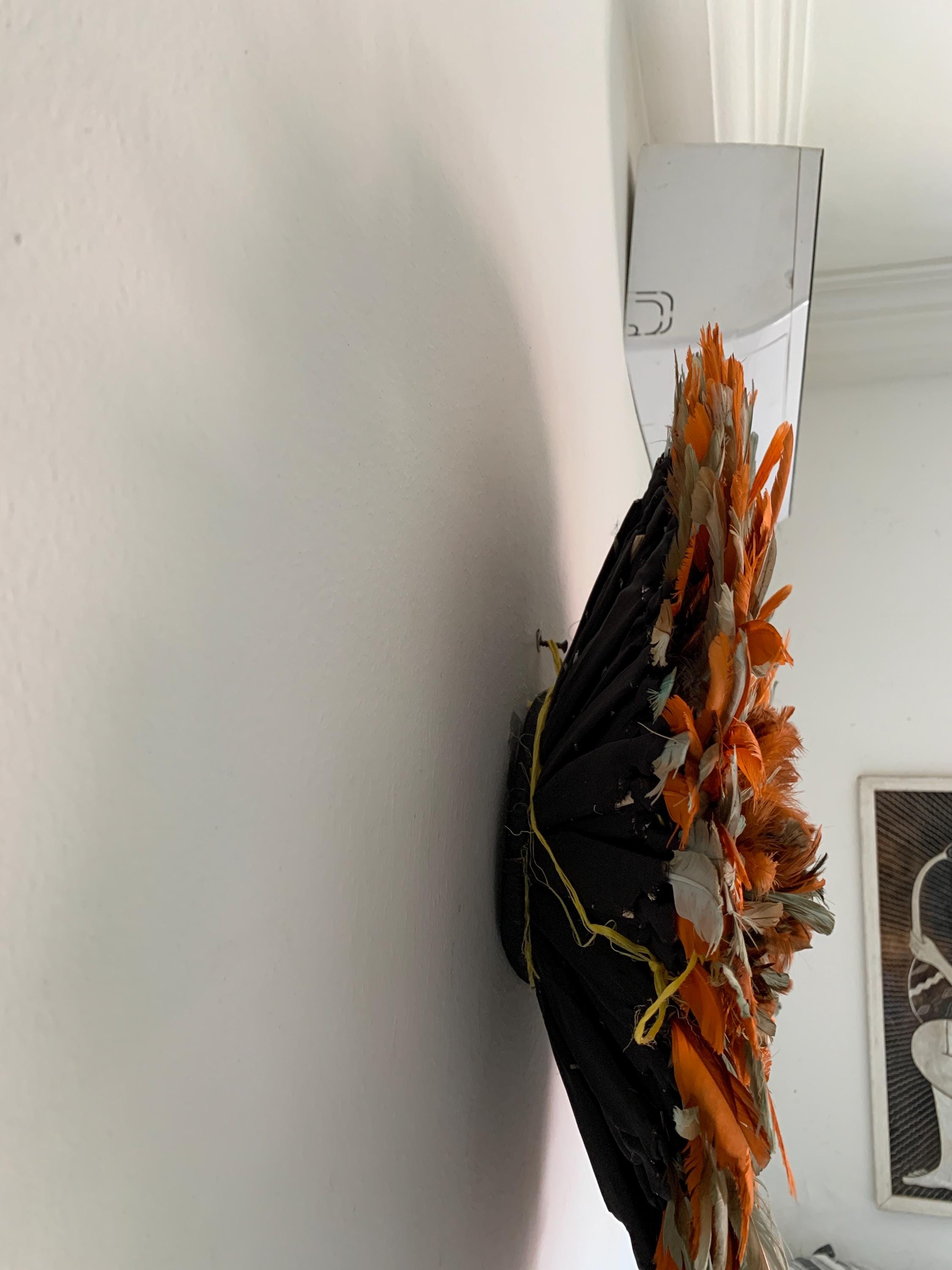 Orange Petrol Green juju hat| African home wall decor| bedroom hangings| Boho living room style| juju art| Bamileke feather mandala| Wreath