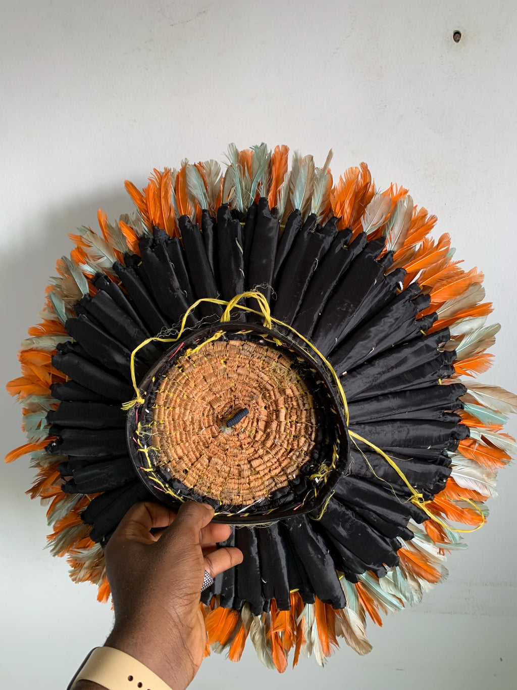 Orange Petrol Green juju hat| African home wall decor| bedroom hangings| Boho living room style| juju art| Bamileke feather mandala| Wreath