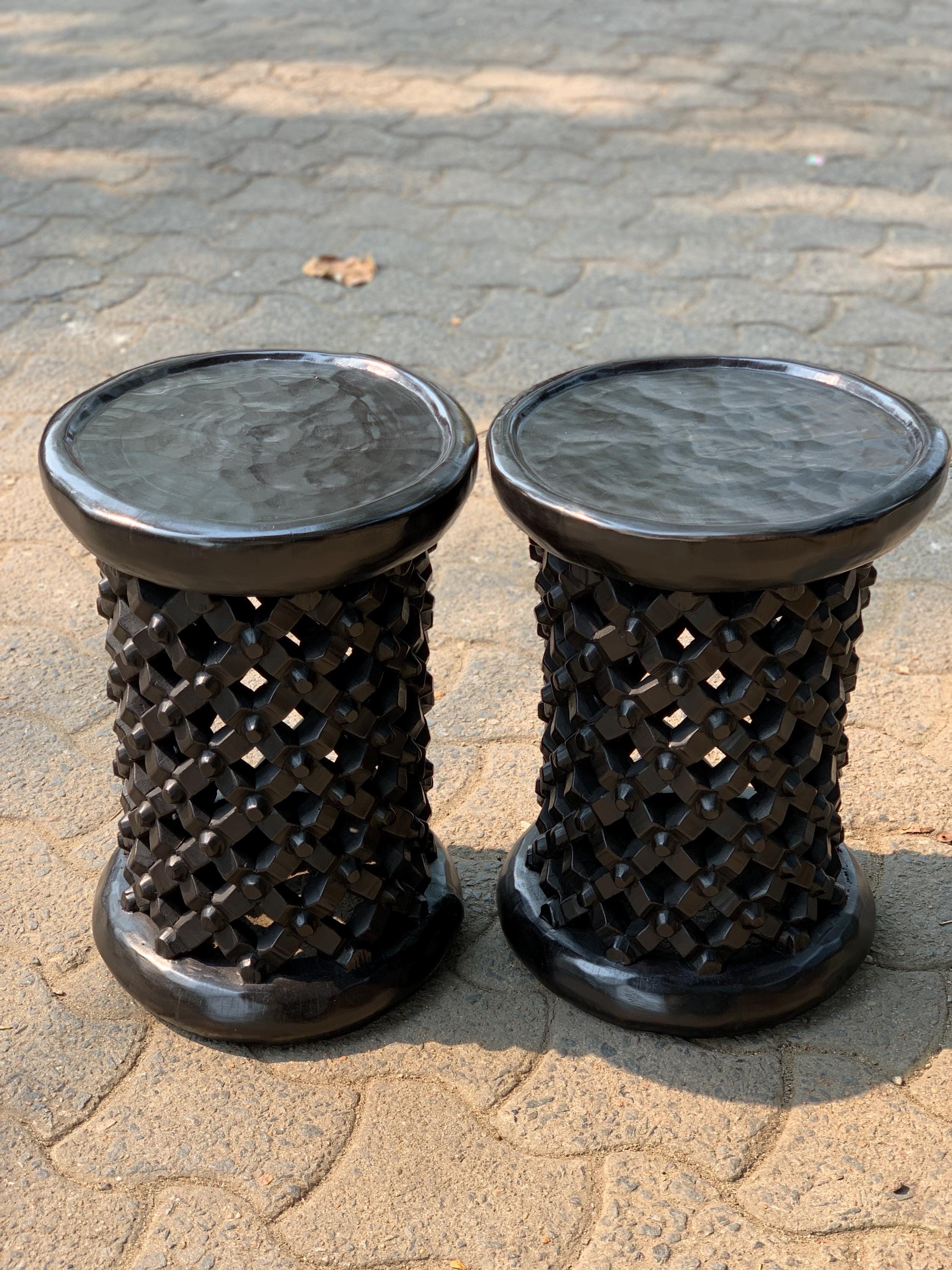 Tall Bamileke stools set of 2 in black|Coffee tables for interior and outdoor decor| African Living room furnitures| Home decor| Side tables