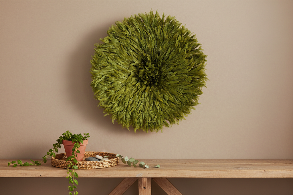 Juju hat Olive Green for interior decor| Bamileke headdress| African handmade juju art| wall hangings| Afrohemian| Feather mandala| Tyn hat