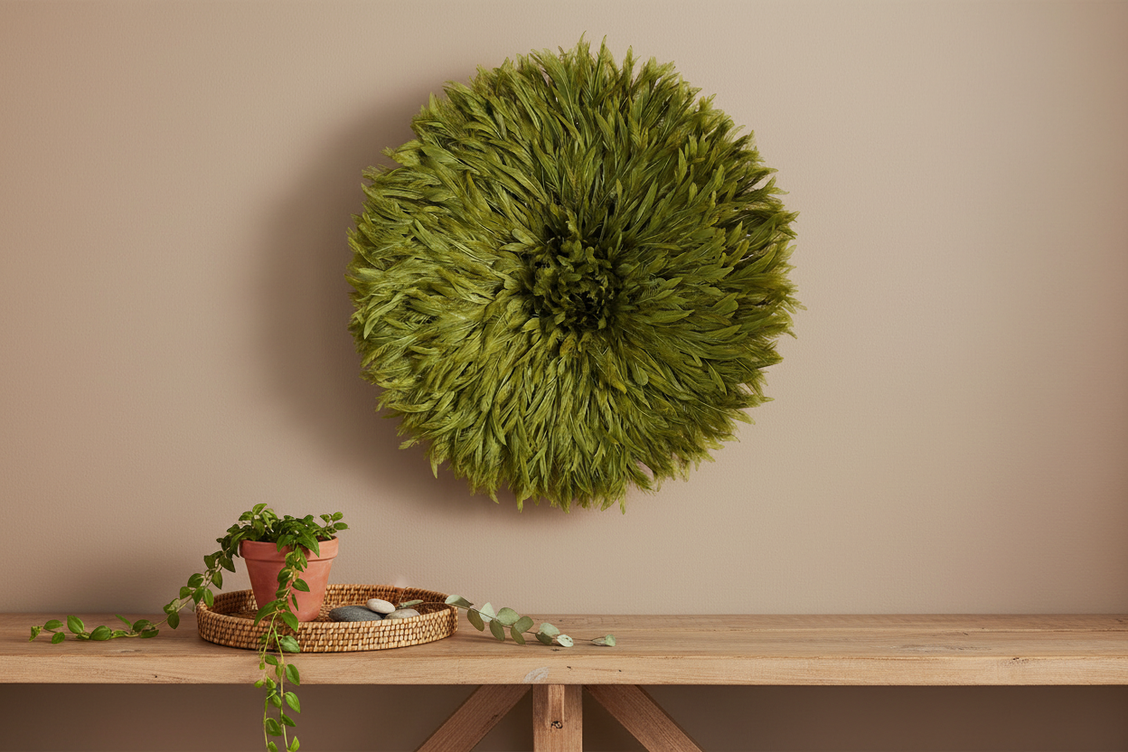 Juju hat Olive Green for interior decor| Bamileke headdress| African handmade juju art| wall hangings| Afrohemian| Feather mandala| Tyn hat