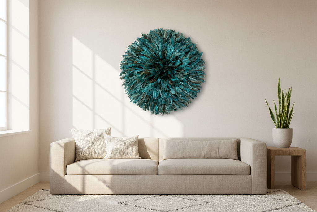 Petrol green and cream Bamileke juju hat in modern boho interior