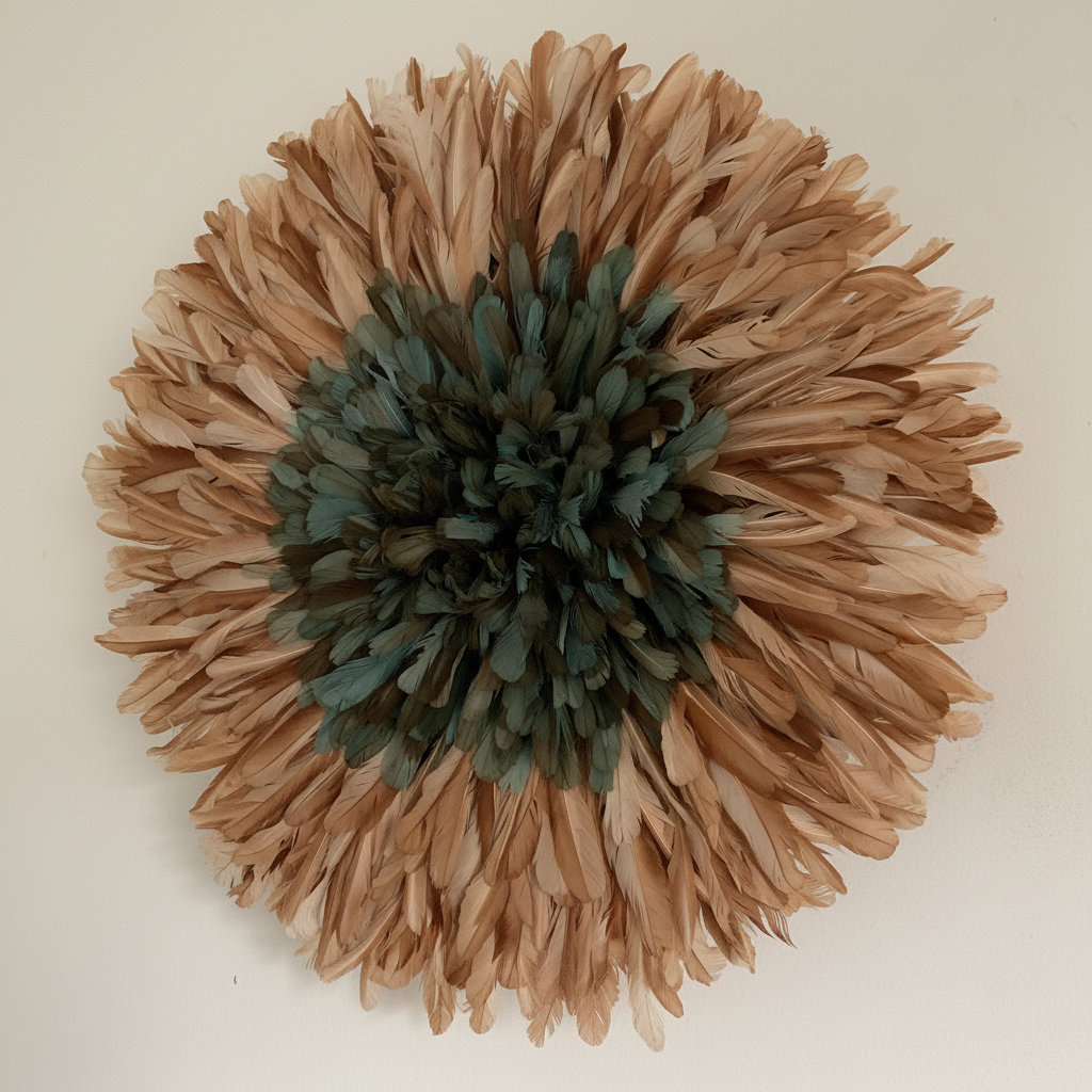 Juju hat Petrol Green Tan for wall hangings and decor| Bamileke Handmade African juju Art| home decor| Afrohemian| Wreath| Feather Mandala