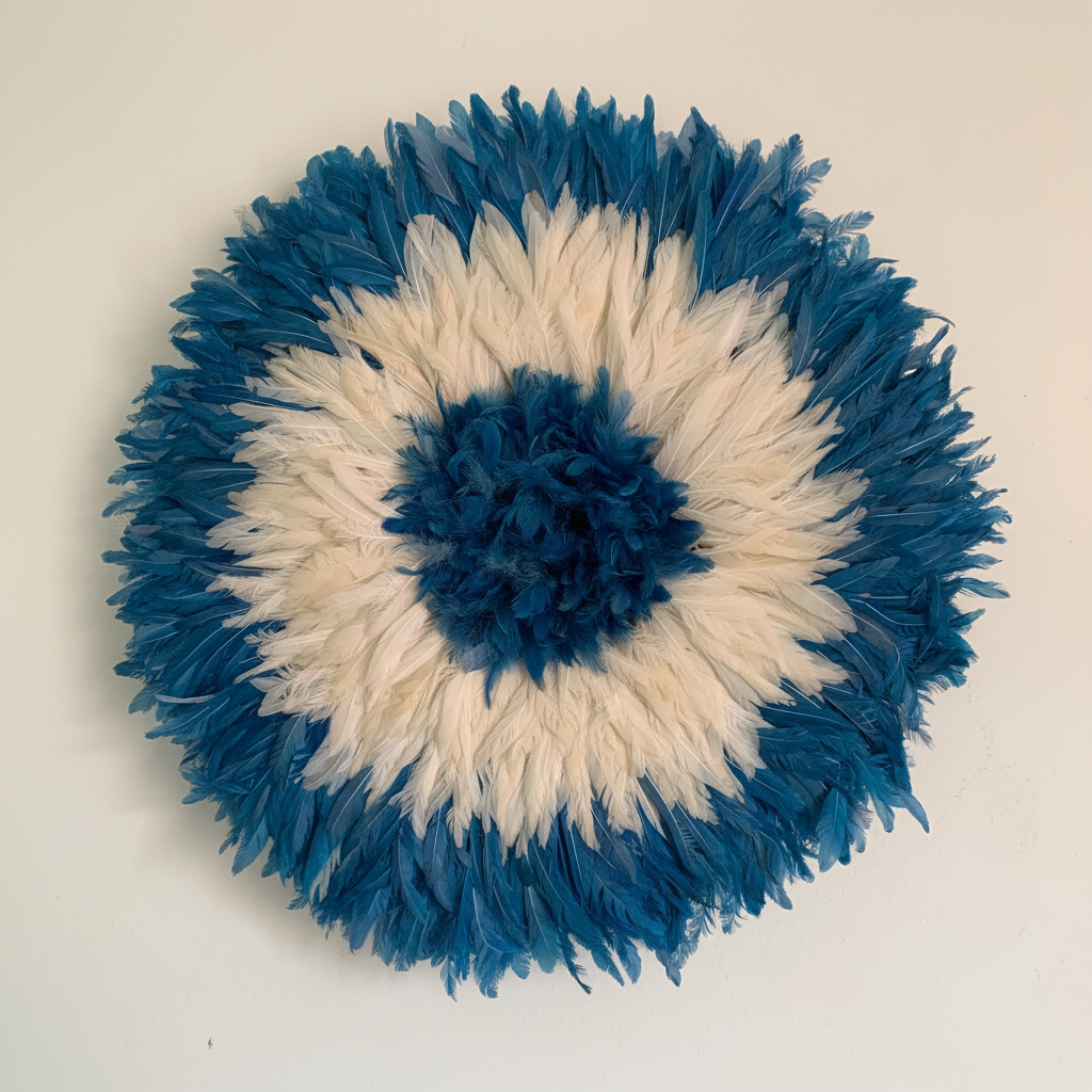 Royal Blue\White\Cream juju hat| African home wall decor| bedroom hangings| Boho living room style| juju art| Bamileke feather hat| Wreath