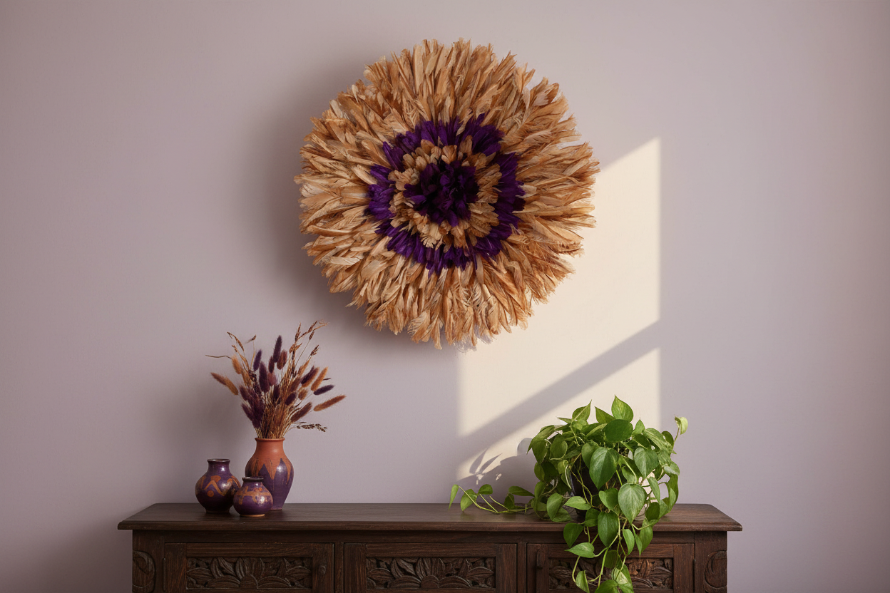 Juju hat tan-purple| African feather mandala| Bamileke headdress| Interior decor| Wall decor| Wall hangings| Afrohemian