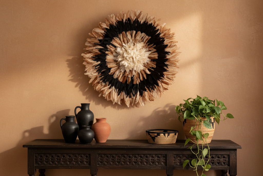 Juju hat Tan\Black\White for wall hangings and decor| Bamileke African Handmade juju Art| home decor| Wreath| Afrohemian| Feather Mandala