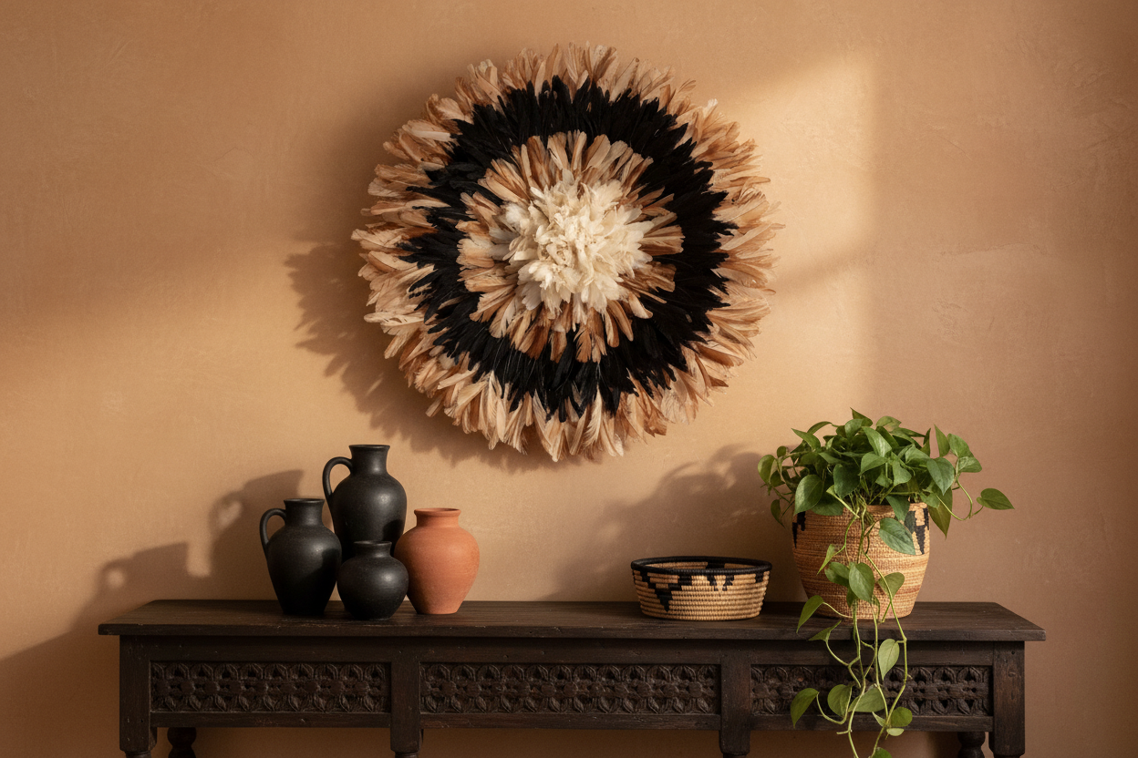 Juju hat Tan\Black\White for wall hangings and decor| Bamileke African Handmade juju Art| home decor| Wreath| Afrohemian| Feather Mandala