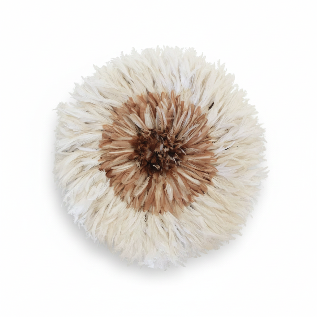 White and tan center juju hat| Beige juju hat| Interior decor| Wall art and wall hangings| Bamileke juju hats| African wall decor