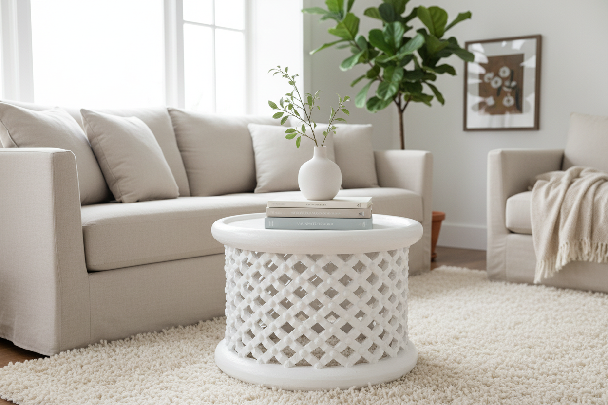 White Bamileke stool styled as side table in bright Scandinavian-boho interior